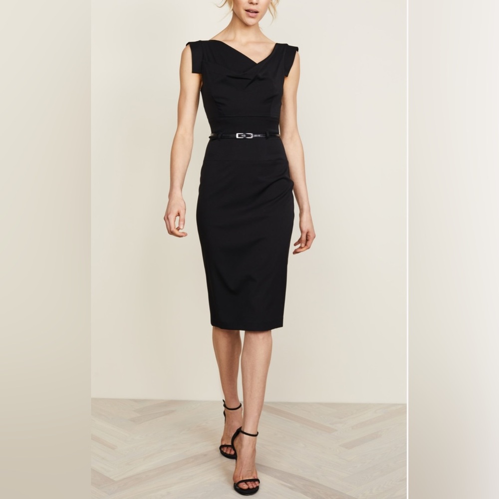 NWT Black Halo Jackie O Belted black Dress Size 4 Midi length LBD